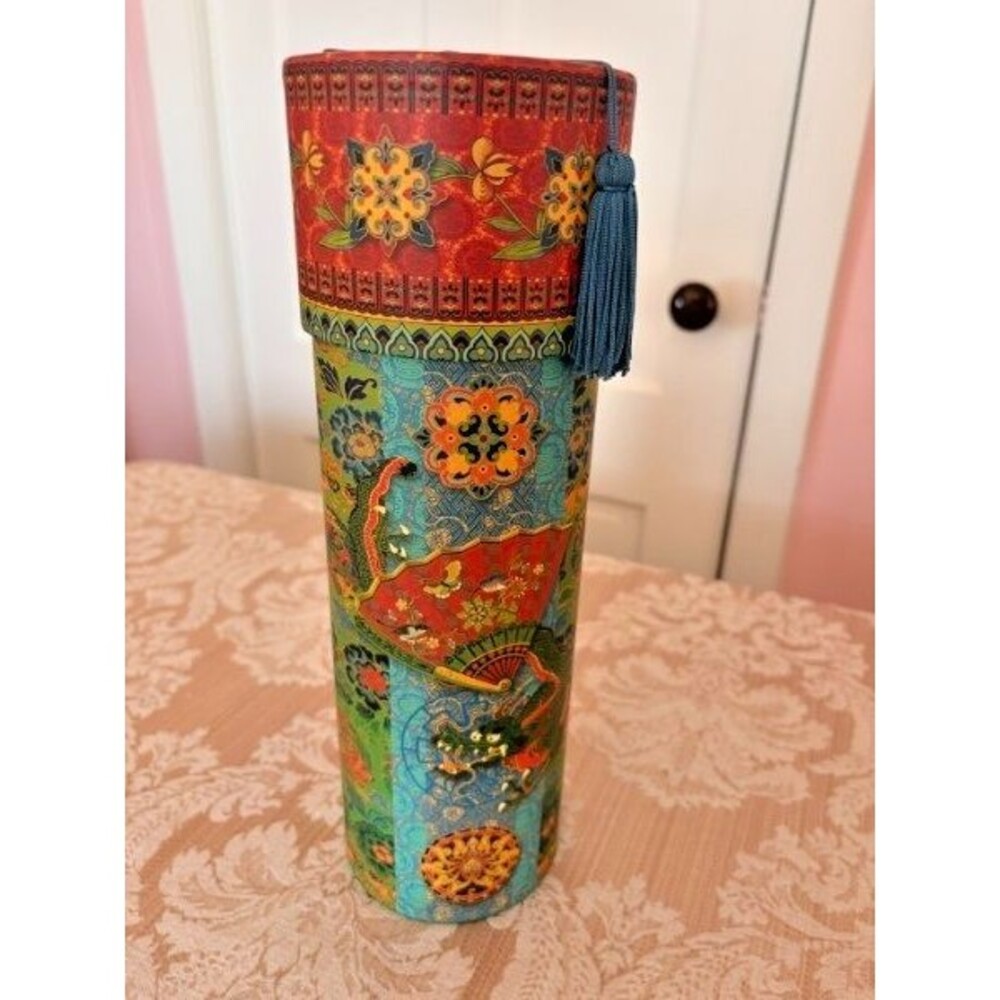 Punch Studio Chinese Asian Dragon and Fan Patterned Round Gift Box Wine Caddy